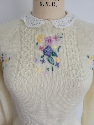 Vintage 1980s Plain Jane Esprit Sweater Dress Ivory Embroidered Lace Trim