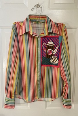 Vintage 1970 s Sears JR Bazaar 100% Polyester Button-Down Coffee/Tea Theme
