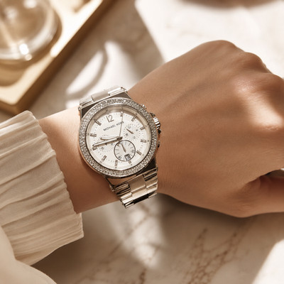 Michael Kors Camille MK5385 Silver Glitz Chronograph 44mm Womens Watch - Used