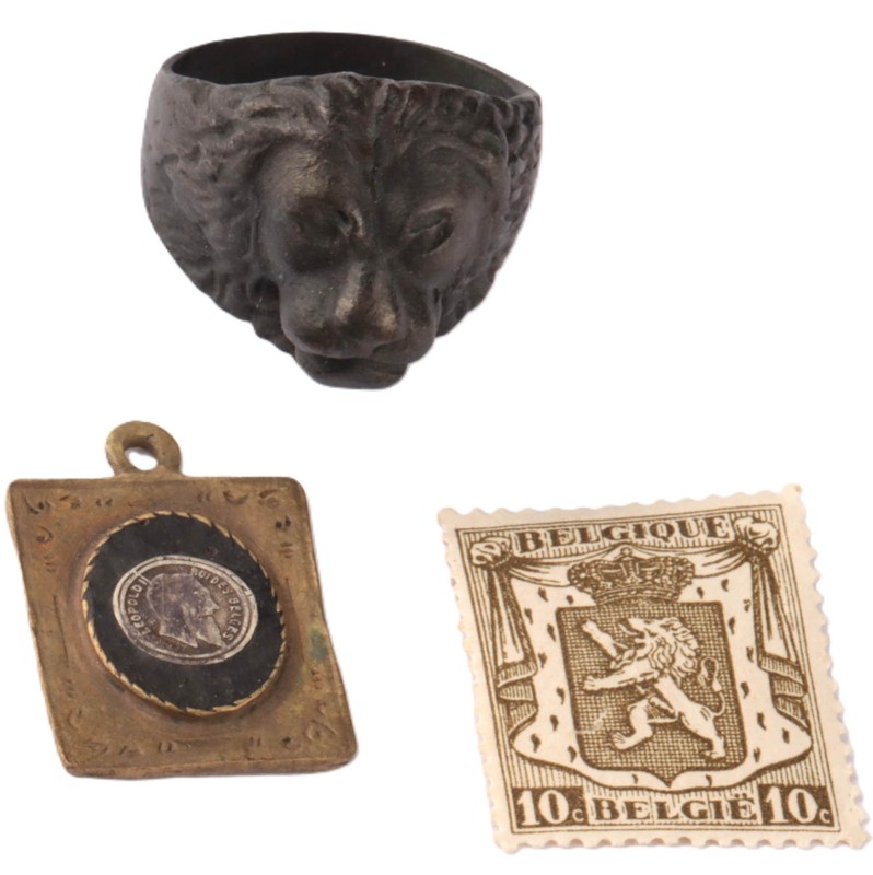 Belgium Lion ring WW1 Belgique WWI Stamp Set Leopold I Silver fragment on brass