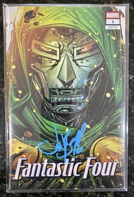 FANTASTIC FOUR #1 TRADE JONBOY MEYERS BLUE SIGNED DOOM W/FOIL COA SDCC NM  