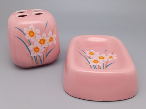 Vintage 2 Pc Ceramic Toothbrush Holder & Soap Dish Pink/white /yellow Floral