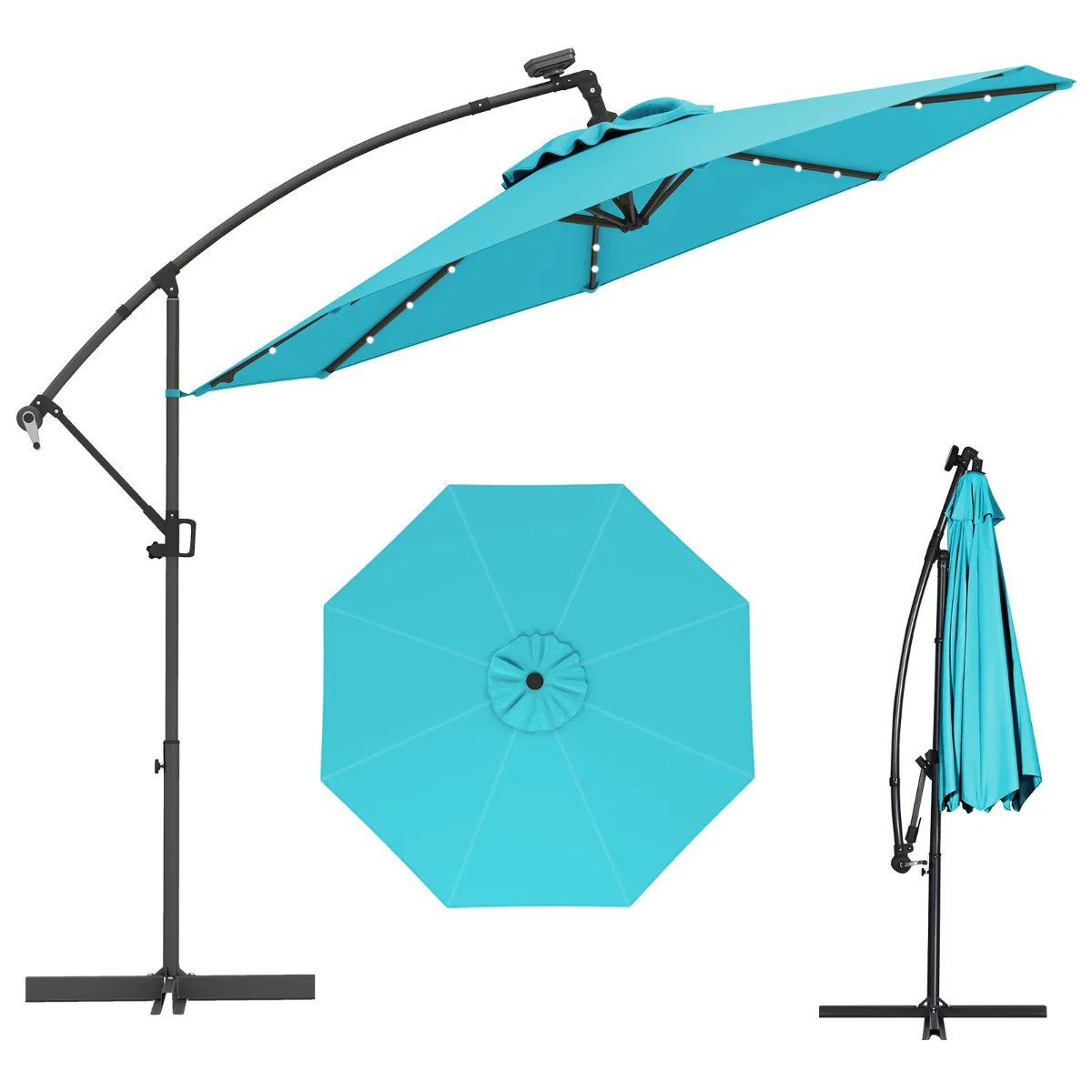 Parasol déporté rotatif 360° de 3m avec LED solaires gris anthracite pour terrasse