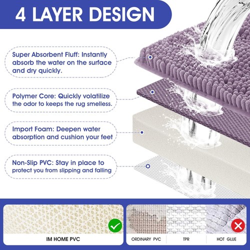Striped Lavender Bathroom Rug Set 3 Pieces Ultra Soft, Non Slip Chenille Toil... - Picture 3 of 6