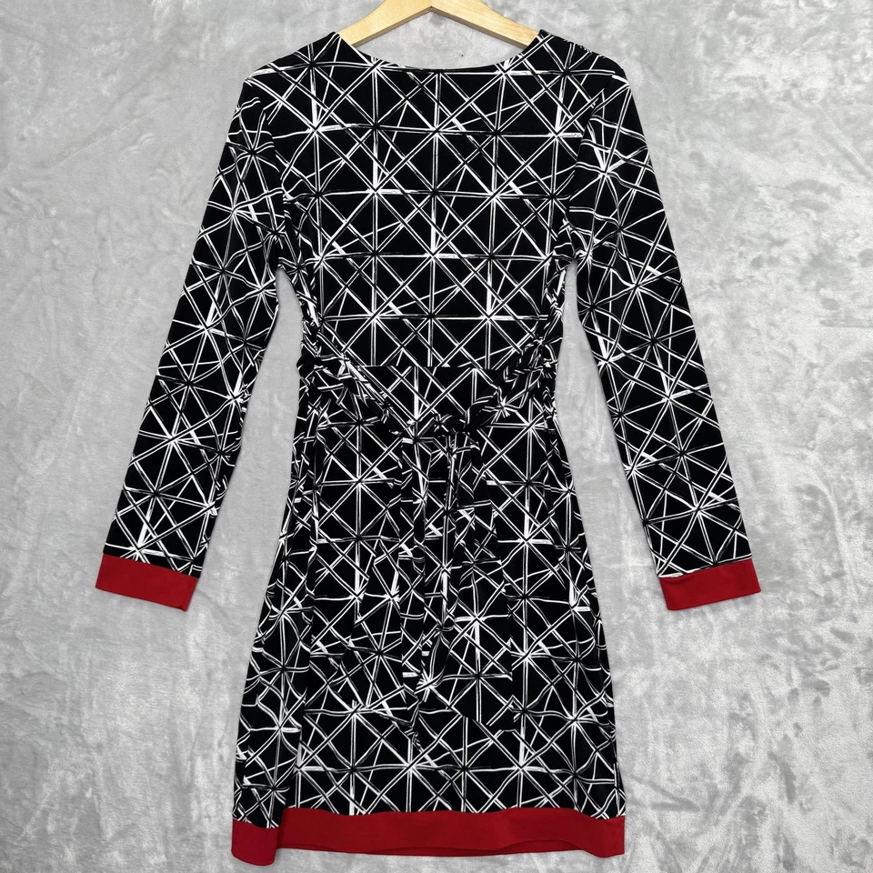 Nicole Miller 连衣裙女式 10 黑色白色几何图案长袖红色装饰 — 第 3/4 张图片