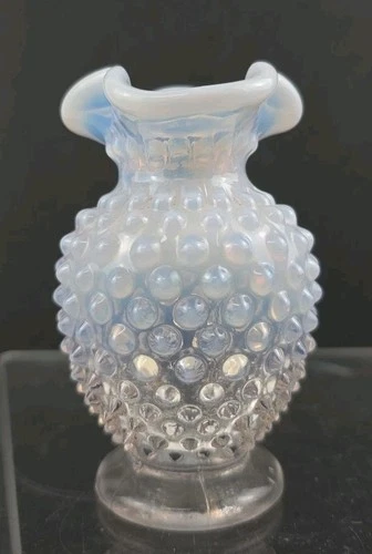 Fenton Glass French Opalescent Blue White Hobnail Toothpick Holder Vase 4" Vtg