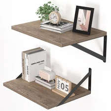 Deep Floating Shelves for Wall, 16W x 12D Rustic Grey Wood Wall Shelves Set o...