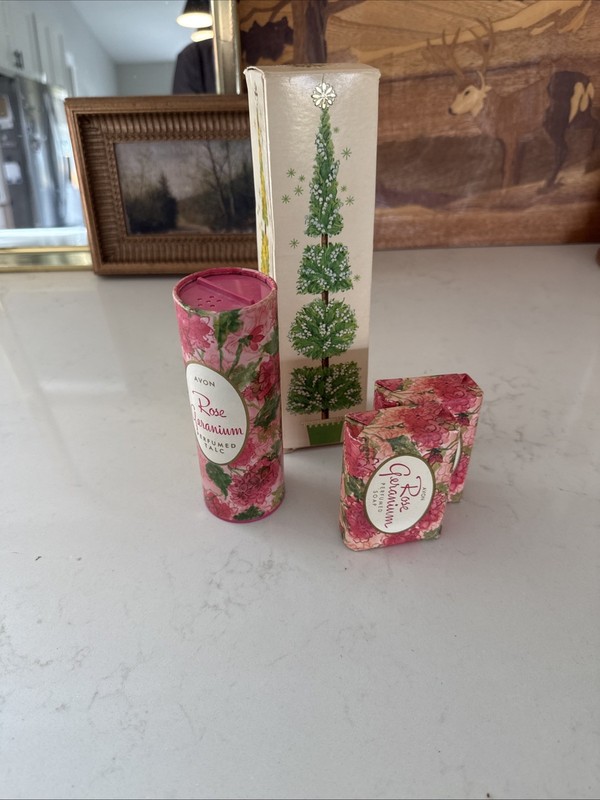 vintage Avon Rose Geranium perfumed talc and soap products from the 1970s