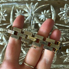 Vintage Mid Century Modern Gold Tone Block Link Bracelet W/ Safety Chain