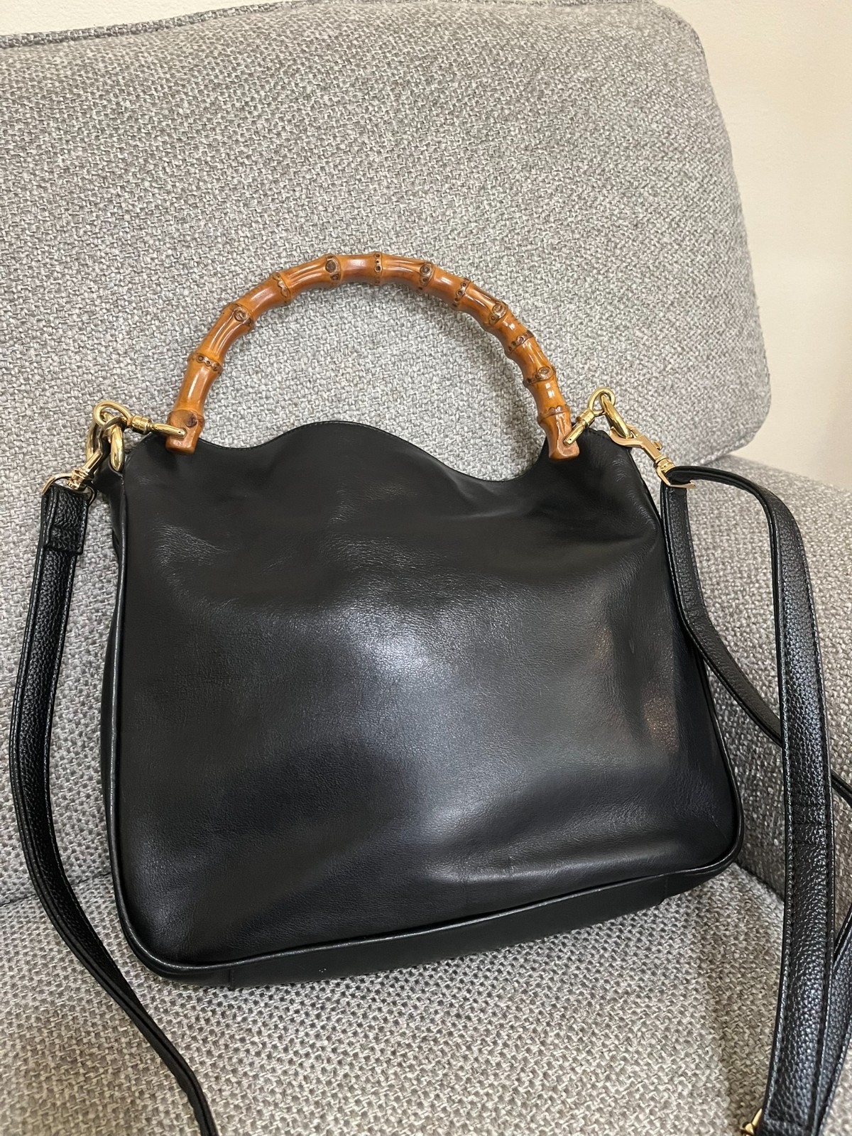 Vintage Gucci Tom Ford Bamboo Top Handle Crossbody Black Bag Gold Hardware