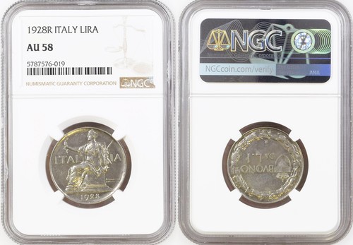 1928-R, Italy, Victor Emmanuel III. Nickel 1 Lira Coin. Better Date! NGC AU-58! - Picture 3 of 3
