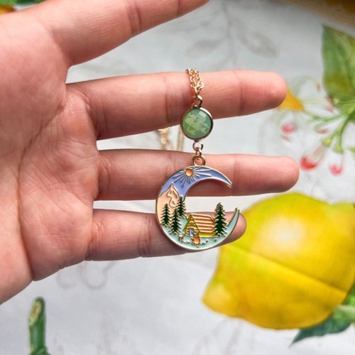 Chalcedony Sea Green Fun Camping Crescent Moon Tent Forest Scenery Gift Necklace - Picture 3 of 7