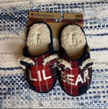 Dearfoams Youth Size 11/12 Lil Bear Red And Blue Plaid Memory Foam Slippers