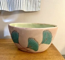 Rare Donna Polseno Studio Art Pottery Ceramic Oval Bowl Pink Green Ginko Leaf