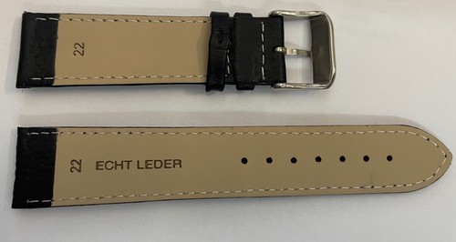 22mm echt Leder Uhrenarmband Schwarz Dornschließe Edelstahl - Picture 2 of 2