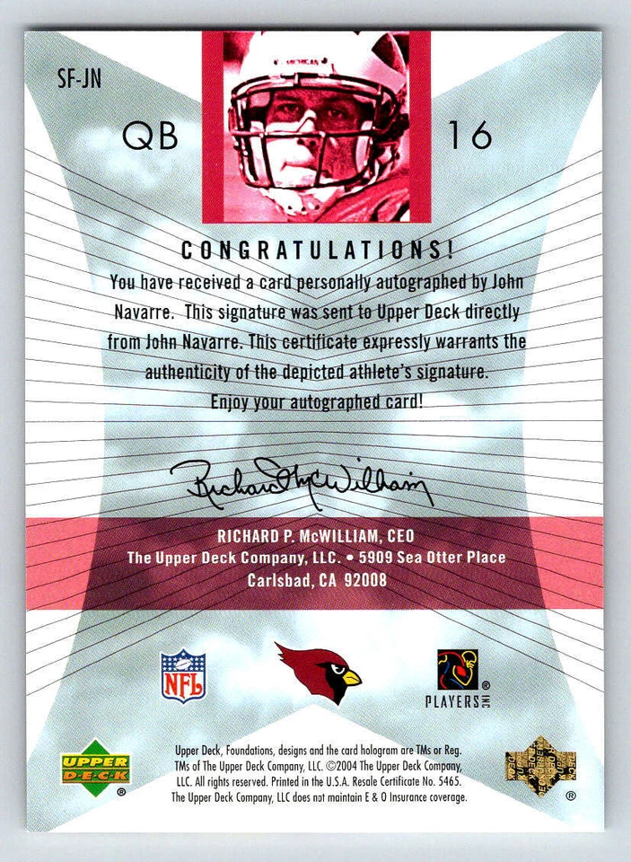 2004 Upper Deck Foundations Signature #SFJN John Navarre (ref 200232) - Image 2 of 2