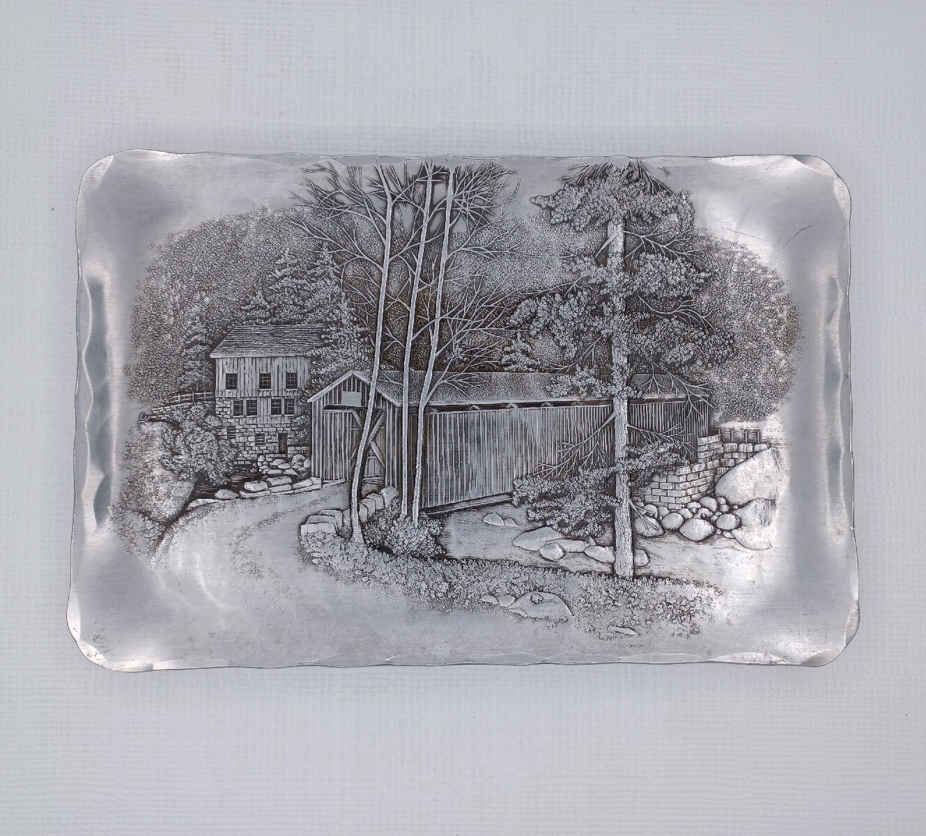 Wendell August Forge Hammered Aluminum Tray 6" x 9" Covered Bridge Scene