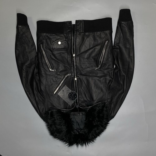 Pretty Green Men Black Label Leather Faux Fur Biker Jacket Size 2 /s Gothic - Picture 2 of 13