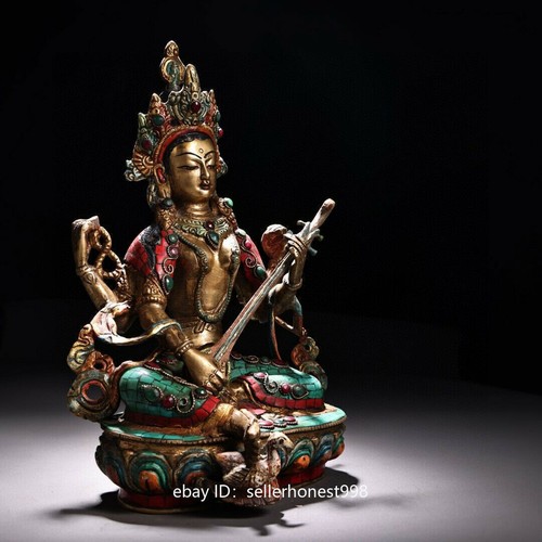 Tibet Copper Inlay Turquoise Coral Gem sarasvati Yangchenma Kwan-Yin Statue - Picture 5 of 9