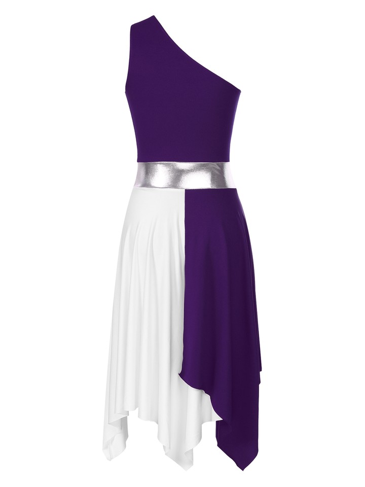 Women's One Shoulder Color Block Praise Dance Dress - Sleeveless Worship Costume Tunic