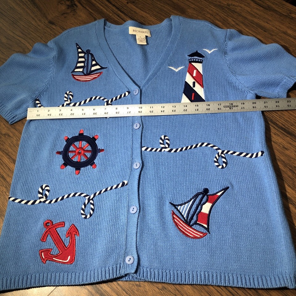 Nautical Cardigan Sweater Womens L Blue Lighthouse Anchor Boat Rope