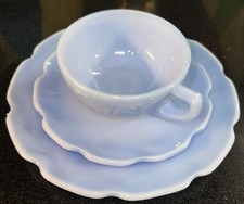 Jeanette DELPHITE BLUE Glass Childrens Dish Set 3 Pieces CHERRY BLOSSOM