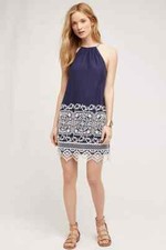Anthropologie New West End Swing Halter Dress Embroidered Navy Size S NWT