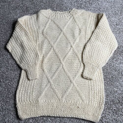 Hand Made Knit Sweater Mens Large Cream Chunky Cable Knit Fisherman Vtg 90s 80s