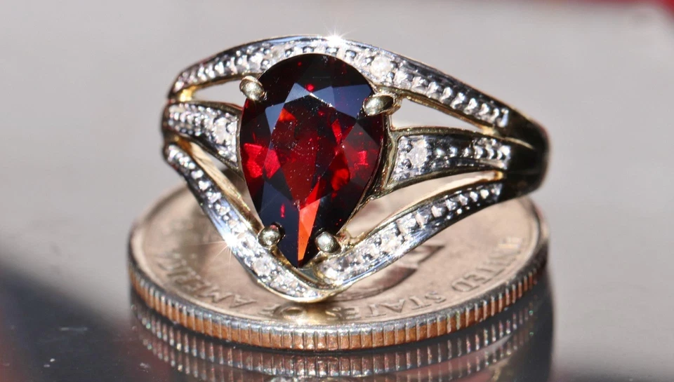 Anillo oro amarillo 14k 3.31ct Mozambique granate diamante talla 10 vintage 4.7gr N3000C Foto 4 de 4