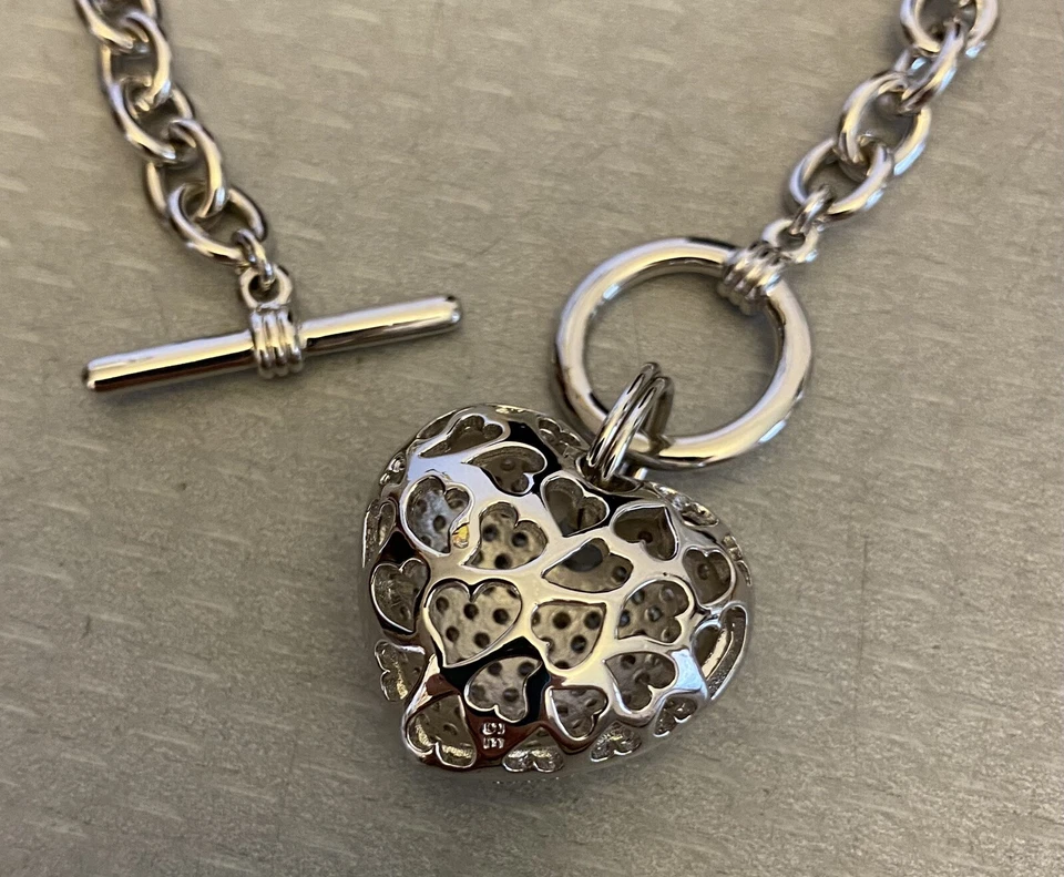 Berricle Toggle Necklace CZ Crystal Puffy Heart Pendant Chunky Rolo Chain 18" BE - Image 3 of 4