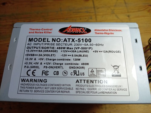Bloc alimentation PC ADVANCE ATX-5100 (VP-5001P) 480W 230V 50-60Hz - Afbeelding 2 van 6
