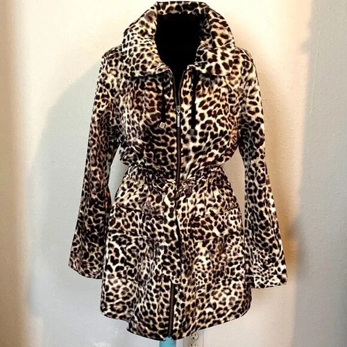 💋DANA BUCHMAN - LEOPARD ANIMAL PRINT FULL ZIP SATINY MIDI COAT - SZ M - Picture 6 of 8