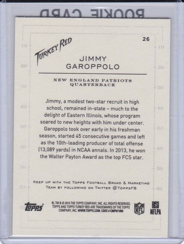 JIMMY GAROPPOLO ROOKIE CARD 2014 Topps Turkey Red Football RC Patriots 49ERs - Picture 2 of 2