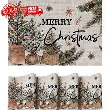 Holly Pine Cone Vinyl Placemats Set of 4, 12x18 Inch Washable Winter Decor