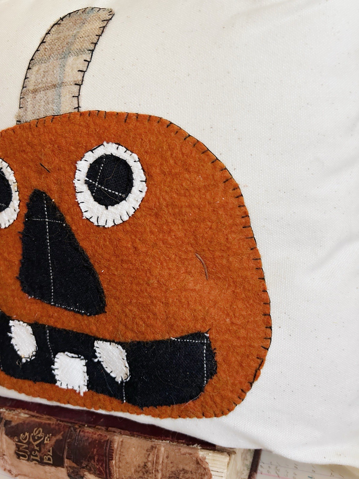 Primitive Handmade Jack O Lantern Pumpkin Pillow Folk Art Appliqué Wool Zipper