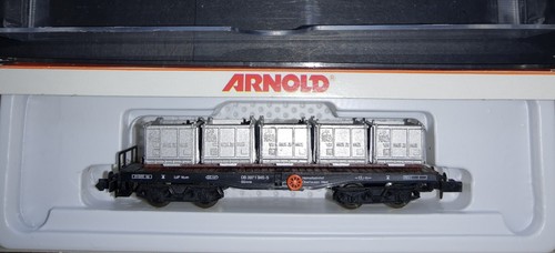 Arnold 4955 Flachwagen,  mit Kleinbehälter  "VON HAUS ZU HAUS" , in OVP, Spur N | Zustand: Neu