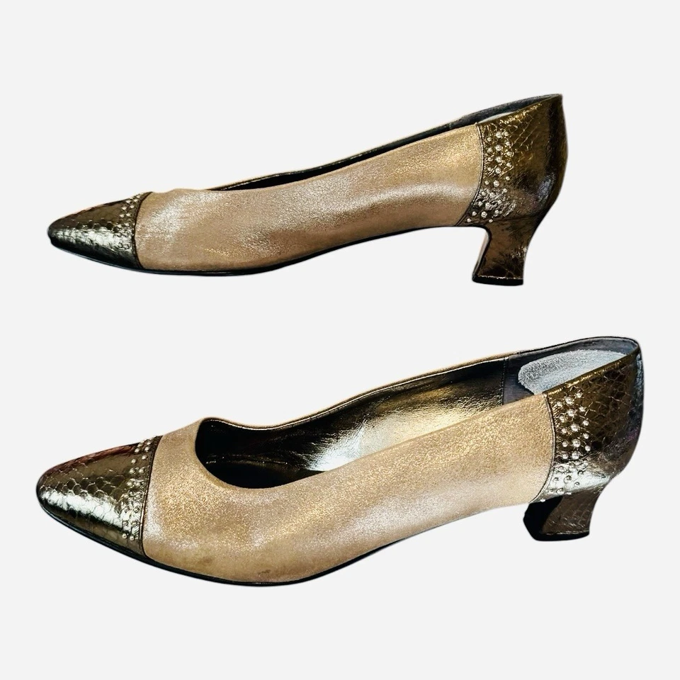 "Bombas para mujer J.Renee 8,5 dorado cobre 2"" tacón estampado piel de serpiente puntera tacón usado en excelente estado" Foto 3 de 4