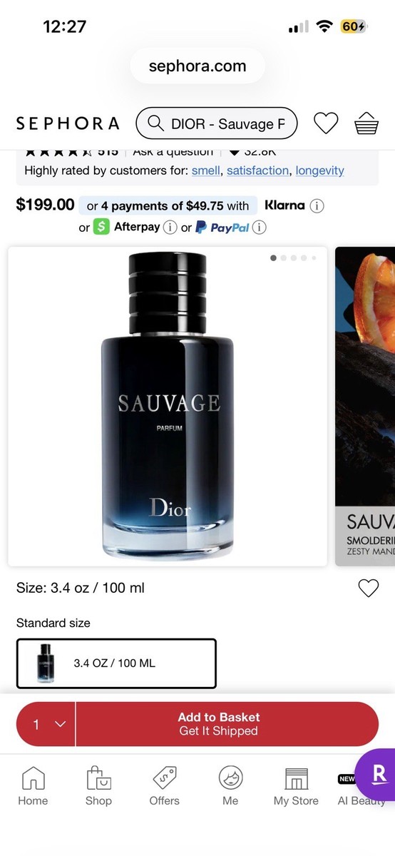Dior Sauvage Eau de Parfum Spray 3.4 oz / 100 ml Regular Size