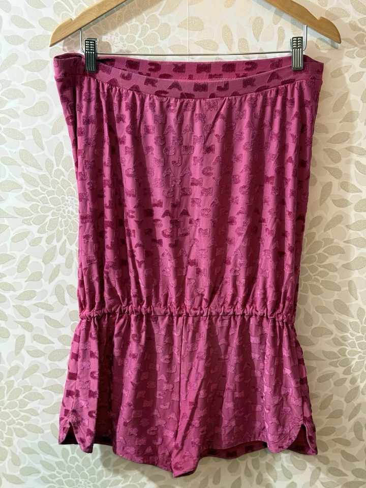 Vintage Y2K Marc Jacobs Women’s M Pink Velour Logo Strapless Shorts Romper - Image 2 of 4