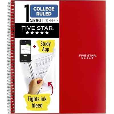 Five Star Spiral Notebook Plus Study App, 1 Subject, College 8-1/2'' x 11'' Red