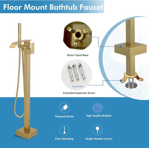 Tub Filler Freestanding Bathtub Faucet Brushed Gold Floor Mount Tub Faucet Water - 第 8/9 張圖片