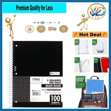 Mead Spiral Notebook 1 Subject Graph Ruled 100 Sheets Black – Durable Coated ...