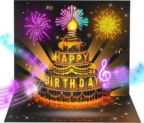 Musical Birthday Cards, 3D Pop Up Card with Music and Light, BlackGold