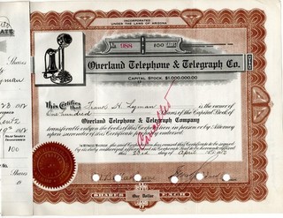 Overland Telephone & Telegraph Arizona 1912 Stock Certificate I/C