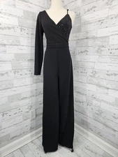 Lulus Dash of Glitter Black Sequin One Shoulder Wide Leg Jumpsuit Womens Medium