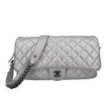 Chanel Easy Classic Flap Silver Caviar Leather Shoulder Crossbody Bag Black HW