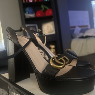Gucci Black Marmont GG Leather Ankle-Strap Platform Block Heel Sandals Size 39.5