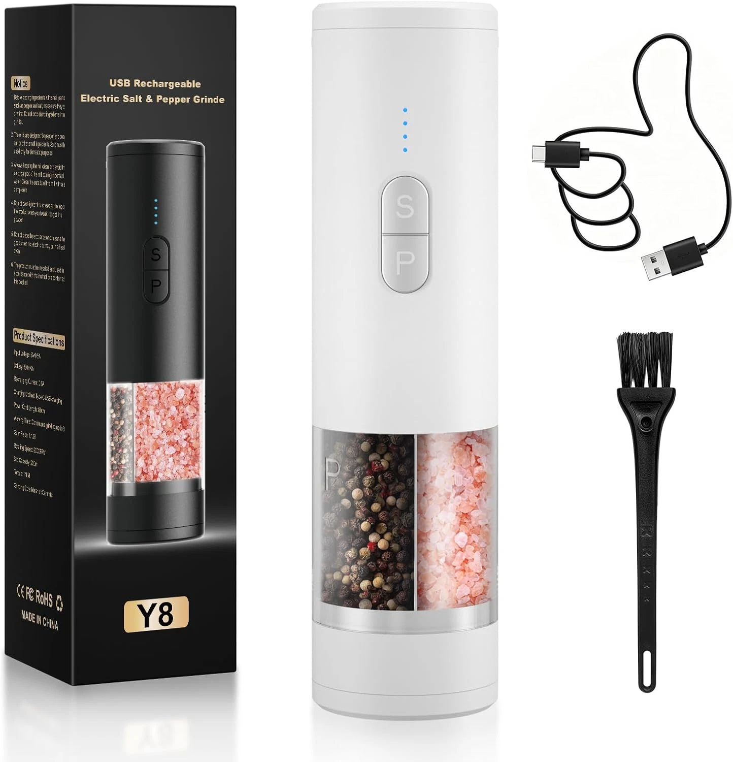 Electric Salt and Pepper Grinder Set Shakers 2 in 1-Rechargeable Automatic Peppe