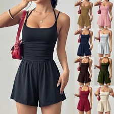 Ladies Strappy Ruched Halterneck Romper Backless Shorts Summer Jumpsuit Playsuit