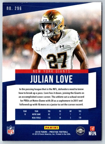 2019 Panini Prestige Rookie Xtra Points Signatures Julian Love Football Card - Picture 2 of 2